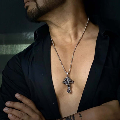THE MEN THING SS Pendant/ Necklace COBRA-CROSS - Alloy  Snake Pendant with Pure Stainless Steel 24inch Round Box Chain, European trending Style for Men & Boy