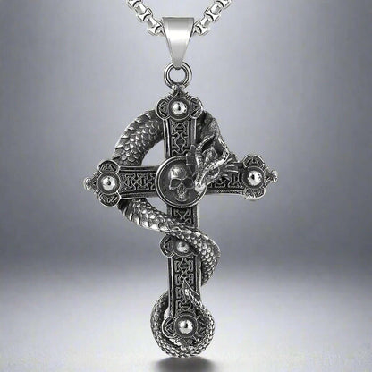 THE MEN THING SS Pendant/ Necklace COBRA-CROSS - Alloy  Snake Pendant with Pure Stainless Steel 24inch Round Box Chain, European trending Style for Men & Boy
