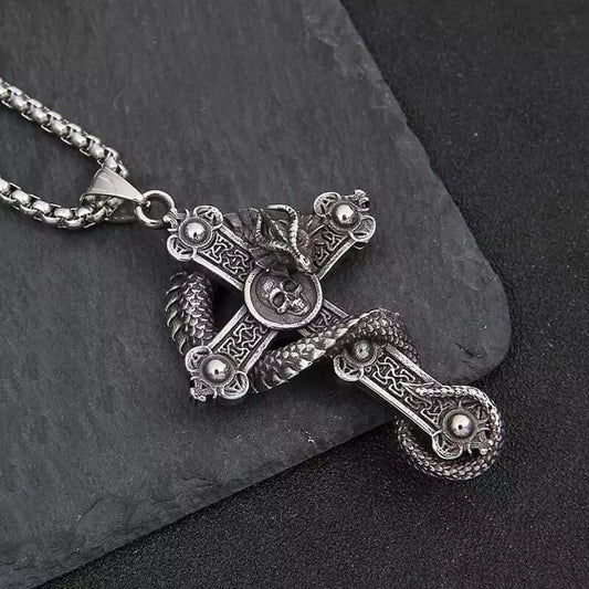 THE MEN THING SS Pendant/ Necklace COBRA-CROSS - Alloy  Snake Pendant with Pure Stainless Steel 24inch Round Box Chain, European trending Style for Men & Boy