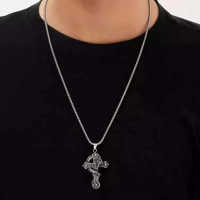 THE MEN THING SS Pendant/ Necklace COBRA-CROSS - Alloy  Snake Pendant with Pure Stainless Steel 24inch Round Box Chain, European trending Style for Men & Boy
