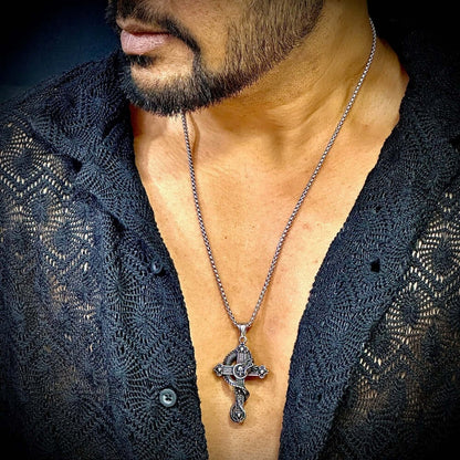 THE MEN THING SS Pendant/ Necklace COBRA CROSS (T) - Pure Titanium Steel Pendant with Stainless Steel 24inch Round Box Chain, European trending Style for Men & Boy