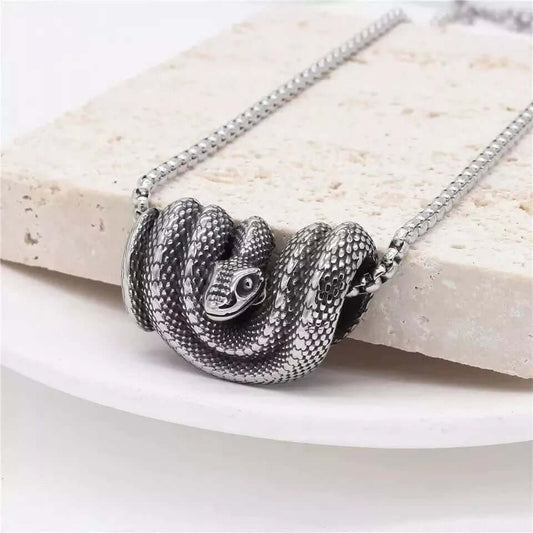 THE MEN THING SS Pendant/ Necklace COILED SERPENT- Alloy Snake Pendant with Pure Stainless Steel  24inch Round Box Chain, European trending Style for Men & Boy
