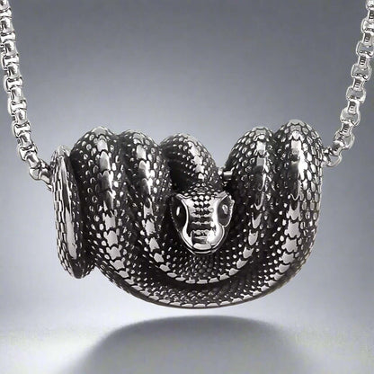 THE MEN THING SS Pendant/ Necklace COILED SERPENT- Alloy Snake Pendant with Pure Stainless Steel  24inch Round Box Chain, European trending Style for Men & Boy