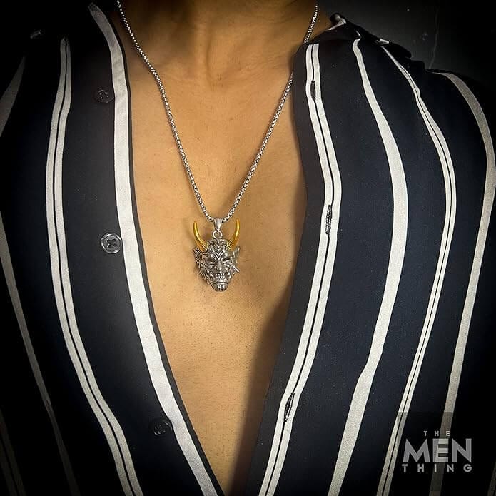 THE MEN THING SS Pendant/ Necklace DEAMON MASK (Gold Tone Horn) - Pure Titanium Steel Pendant with 24inch Round Box Chain for Men & Boys