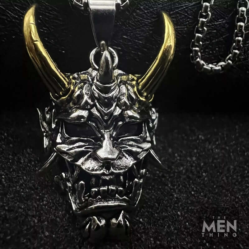 THE MEN THING SS Pendant/ Necklace DEAMON MASK (Gold Tone Horn) - Pure Titanium Steel Pendant with 24inch Round Box Chain for Men & Boys