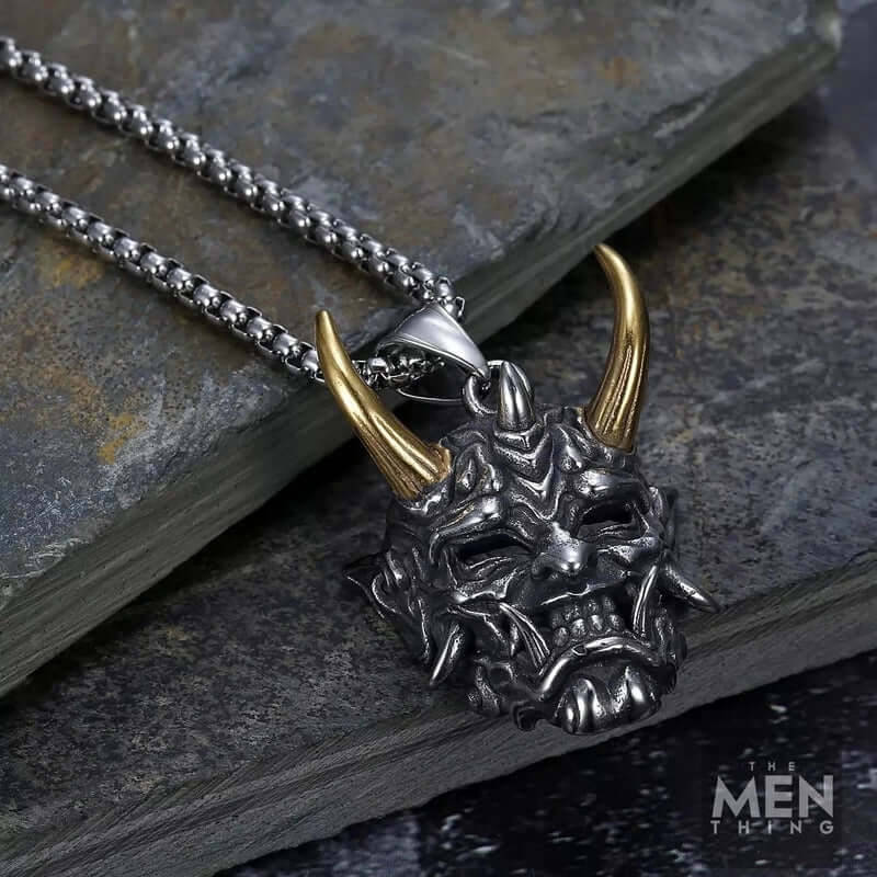 THE MEN THING SS Pendant/ Necklace DEAMON MASK (Gold Tone Horn) - Pure Titanium Steel Pendant with 24inch Round Box Chain for Men & Boys