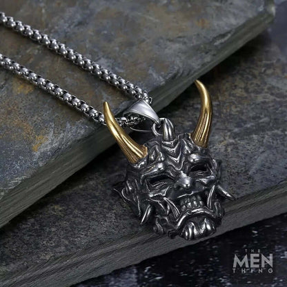 THE MEN THING SS Pendant/ Necklace DEAMON MASK (Gold Tone Horn) - Pure Titanium Steel Pendant with 24inch Round Box Chain for Men & Boys