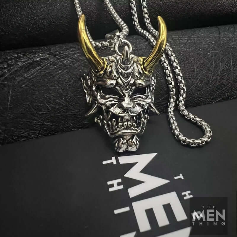 THE MEN THING SS Pendant/ Necklace DEAMON MASK (Gold Tone Horn) - Pure Titanium Steel Pendant with 24inch Round Box Chain for Men & Boys
