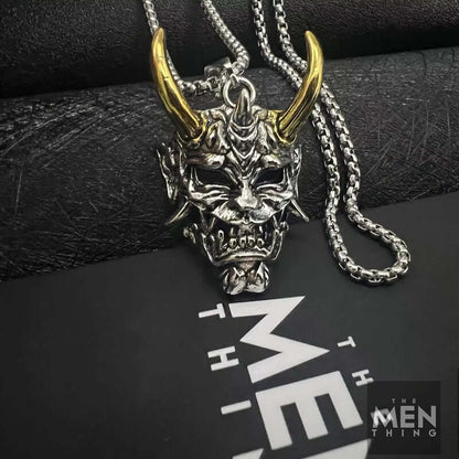THE MEN THING SS Pendant/ Necklace DEAMON MASK (Gold Tone Horn) - Pure Titanium Steel Pendant with 24inch Round Box Chain for Men & Boys