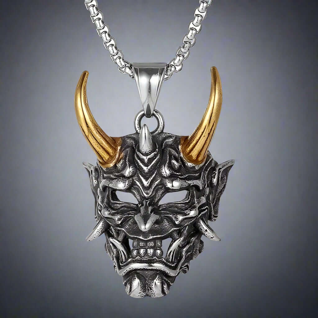 THE MEN THING SS Pendant/ Necklace DEAMON MASK (Gold Tone Horn) - Pure Titanium Steel Pendant with 24inch Round Box Chain for Men & Boys