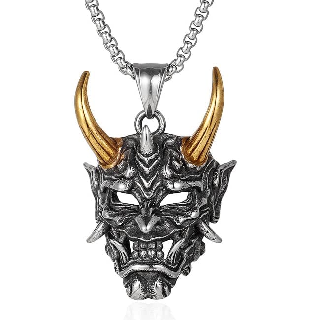THE MEN THING SS Pendant/ Necklace DEAMON MASK (Gold Tone Horn) - Pure Titanium Steel Pendant with 24inch Round Box Chain for Men & Boys