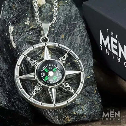 THE MEN THING SS Pendant/ Necklace DIRECTIONAL STAR - Alloy Compass Pendant with Stainless Steel 24inch Round Box Chain, European trending Style for Men & Boys