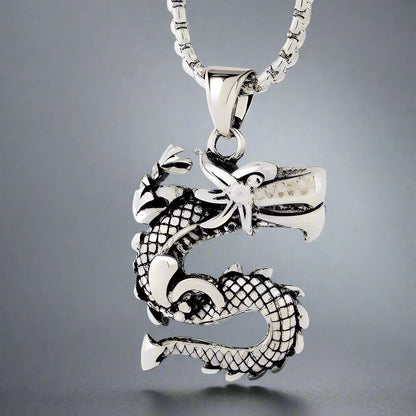 THE MEN THING SS Pendant/ Necklace DRAGON WATCH  -  Pure Titanium Steel Pendant with 24inch Round Box Chain for Men & Boys