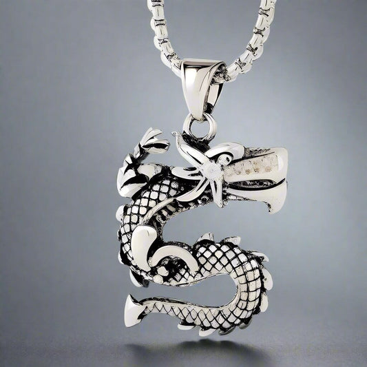 THE MEN THING SS Pendant/ Necklace DRAGON WATCH  -  Pure Titanium Steel Pendant with 24inch Round Box Chain for Men & Boys