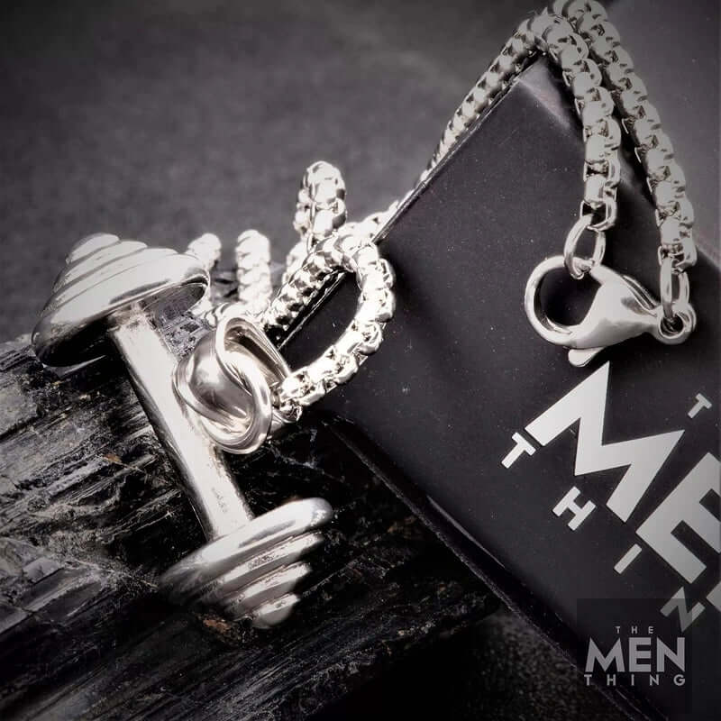 THE MEN THING SS Pendant/ Necklace DUMBBELL EQUATION - Pure Titanium Steel Pendant with 24inch Round Box Chain for Men & Boys