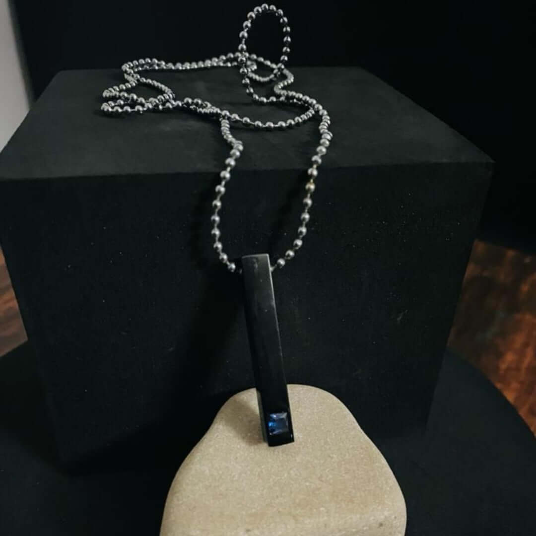 THE MEN THING SS Pendant/ Necklace MIDNIGHT DELIGHT :  Pure Titanium Steel Blue 3D Crystal with Black Cuboid Vertical Bar Pendant with 24inch Ball Chain for Men & Boys