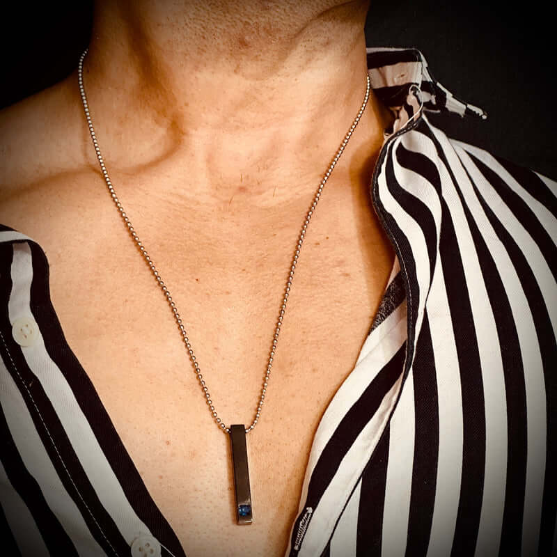 THE MEN THING SS Pendant/ Necklace MIDNIGHT DELIGHT :  Pure Titanium Steel Blue 3D Crystal with Black Cuboid Vertical Bar Pendant with 24inch Ball Chain for Men & Boys