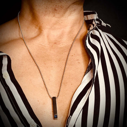 THE MEN THING SS Pendant/ Necklace MIDNIGHT DELIGHT :  Pure Titanium Steel Blue 3D Crystal with Black Cuboid Vertical Bar Pendant with 24inch Ball Chain for Men & Boys