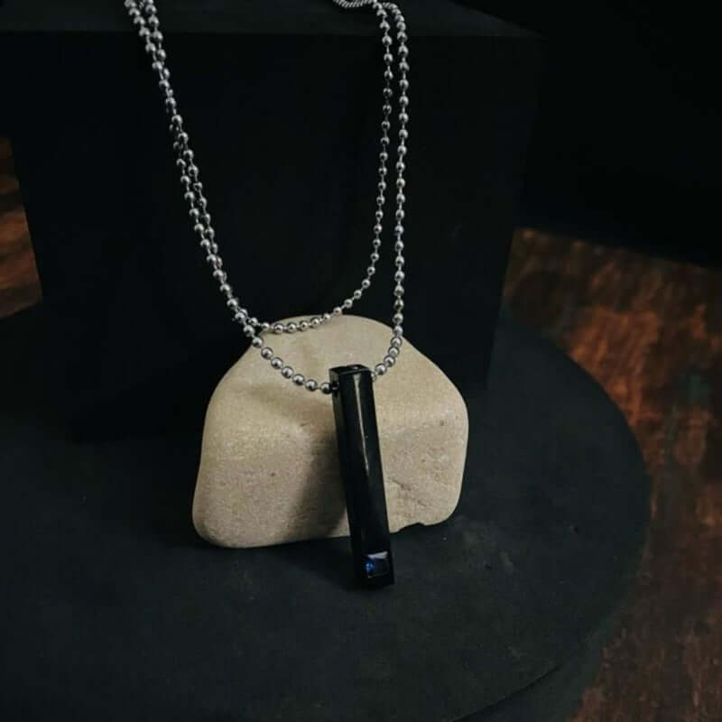 THE MEN THING SS Pendant/ Necklace MIDNIGHT DELIGHT :  Pure Titanium Steel Blue 3D Crystal with Black Cuboid Vertical Bar Pendant with 24inch Ball Chain for Men & Boys