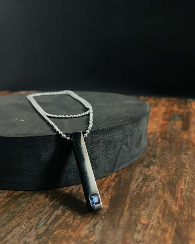THE MEN THING SS Pendant/ Necklace MIDNIGHT DELIGHT :  Pure Titanium Steel Blue 3D Crystal with Black Cuboid Vertical Bar Pendant with 24inch Ball Chain for Men & Boys