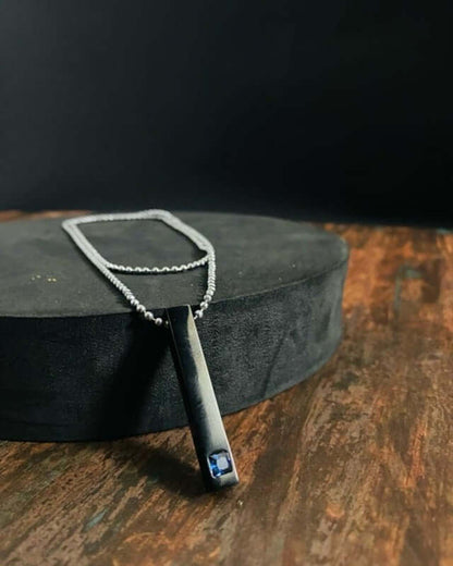 THE MEN THING SS Pendant/ Necklace MIDNIGHT DELIGHT :  Pure Titanium Steel Blue 3D Crystal with Black Cuboid Vertical Bar Pendant with 24inch Ball Chain for Men & Boys