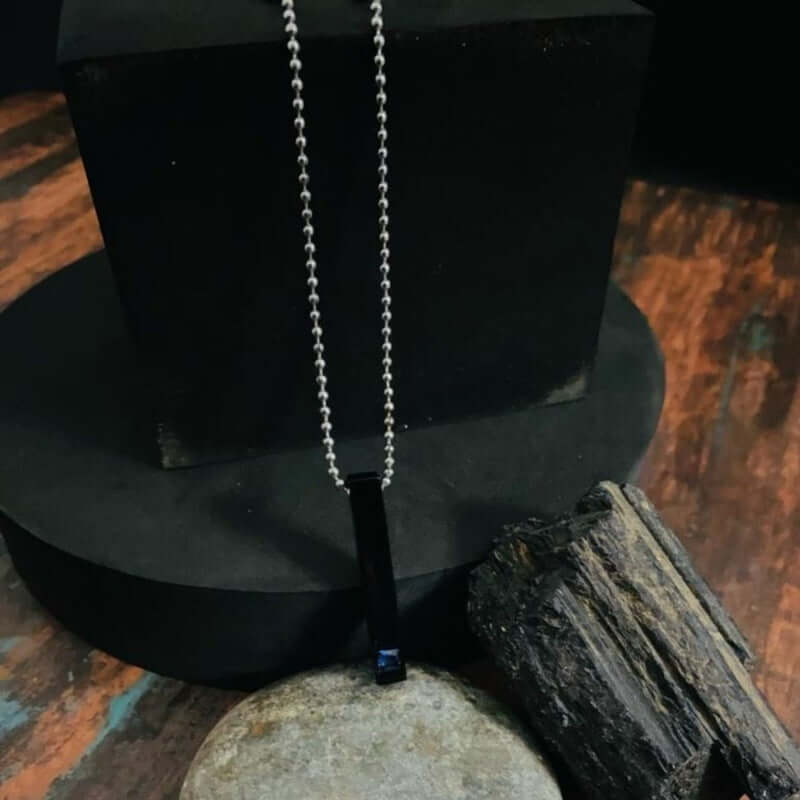 THE MEN THING SS Pendant/ Necklace MIDNIGHT DELIGHT :  Pure Titanium Steel Blue 3D Crystal with Black Cuboid Vertical Bar Pendant with 24inch Ball Chain for Men & Boys