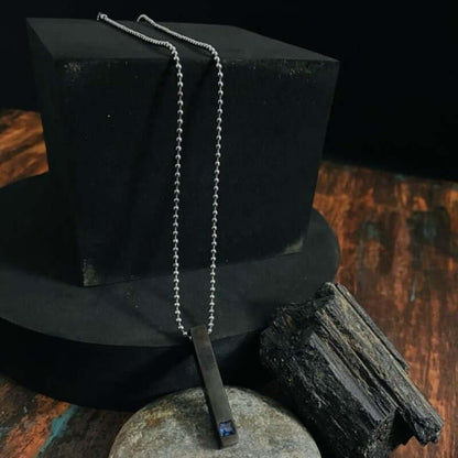 THE MEN THING SS Pendant/ Necklace MIDNIGHT DELIGHT :  Pure Titanium Steel Blue 3D Crystal with Black Cuboid Vertical Bar Pendant with 24inch Ball Chain for Men & Boys