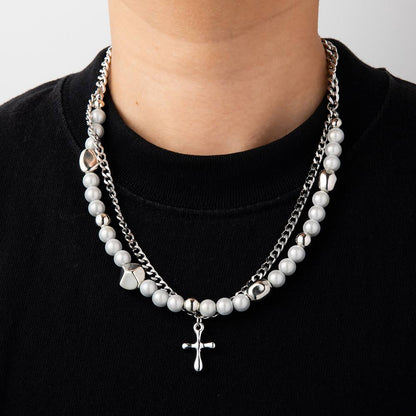 THE MEN THING SS Pendant/ Necklace MIRE SERENITY - Two Layer Necklace with Titanium Steel Chain &  Fusion Cuban Pearls & Cross Pendant - Size 18inch