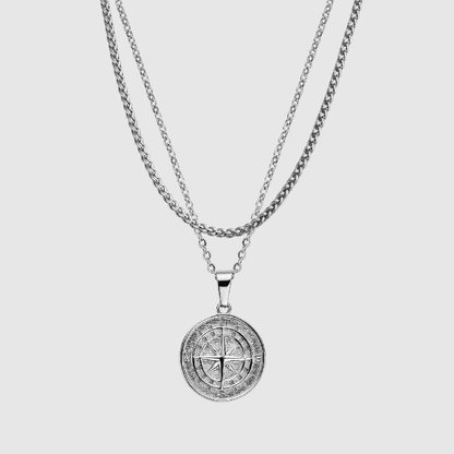 THE MEN THING SS Pendant/ Necklace NORTH STAR - Silver Tone Alloy Pendant with Stainless Steel Round Box Chain Set - 24-inch & 3mm Rope Chain, European Trending Style