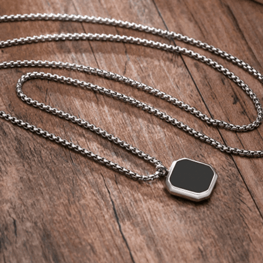 THE MEN THING SS Pendant/ Necklace OCTAGON GEO - Alloy Pendant with Black Stone & Stainless Steel 24inch Round Box Chain, American trending Style for Men & Boy