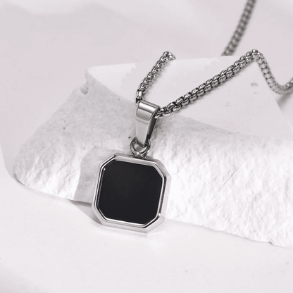 THE MEN THING SS Pendant/ Necklace OCTAGON GEO - Alloy Pendant with Black Stone & Stainless Steel 24inch Round Box Chain, American trending Style for Men & Boy