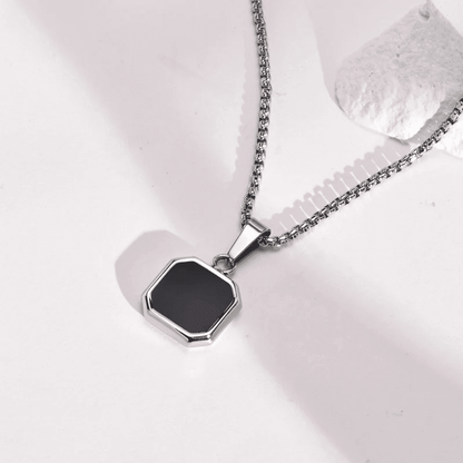 THE MEN THING SS Pendant/ Necklace OCTAGON GEO - Alloy Pendant with Black Stone & Stainless Steel 24inch Round Box Chain, American trending Style for Men & Boy