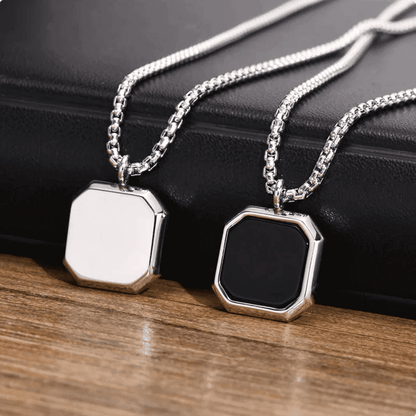 THE MEN THING SS Pendant/ Necklace OCTAGON GEO - Alloy Pendant with Black Stone & Stainless Steel 24inch Round Box Chain, American trending Style for Men & Boy