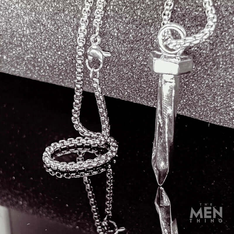 THE MEN THING SS Pendant/ Necklace SILVER NAILS -  Alloy Pendant with Pure Stainless Steel 24inch Round Box Chain, European trending Style for Men & Boy