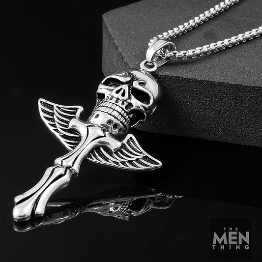 THE MEN THING SS Pendant/ Necklace SKULL KING - Pure Titanium Steel Pendant with 24inch Round Box Chain for Men & Boys