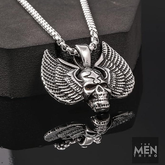 THE MEN THING SS Pendant/ Necklace SKULL WING - Pure Titanium Steel Pendant with 24inch Round Box Chain for Men & Boys