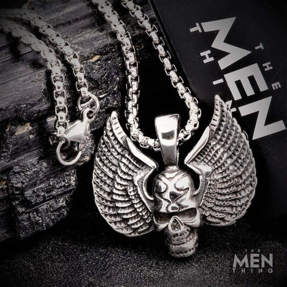 THE MEN THING SS Pendant/ Necklace SKULL WING - Pure Titanium Steel Pendant with 24inch Round Box Chain for Men & Boys