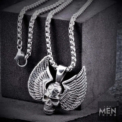 THE MEN THING SS Pendant/ Necklace SKULL WING - Pure Titanium Steel Pendant with 24inch Round Box Chain for Men & Boys