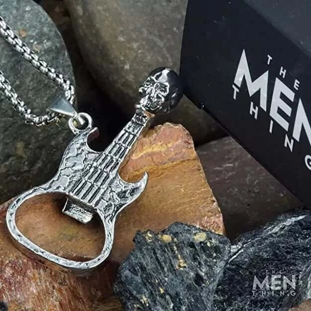 THE MEN THING SS Pendant/ Necklace SKULLY GUITAR -  Alloy Guitar Skull Pendant with Pure Stainless Steel 24inch Round Box Chain, European trending Style  for Men & Boys