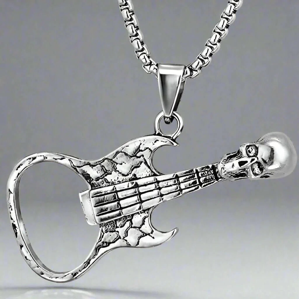 THE MEN THING SS Pendant/ Necklace SKULLY GUITAR -  Alloy Guitar Skull Pendant with Pure Stainless Steel 24inch Round Box Chain, European trending Style  for Men & Boys