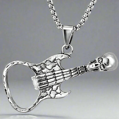 THE MEN THING SS Pendant/ Necklace SKULLY GUITAR -  Alloy Guitar Skull Pendant with Pure Stainless Steel 24inch Round Box Chain, European trending Style  for Men & Boys