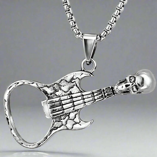 THE MEN THING SS Pendant/ Necklace SKULLY GUITAR -  Alloy Guitar Skull Pendant with Pure Stainless Steel 24inch Round Box Chain, European trending Style  for Men & Boys