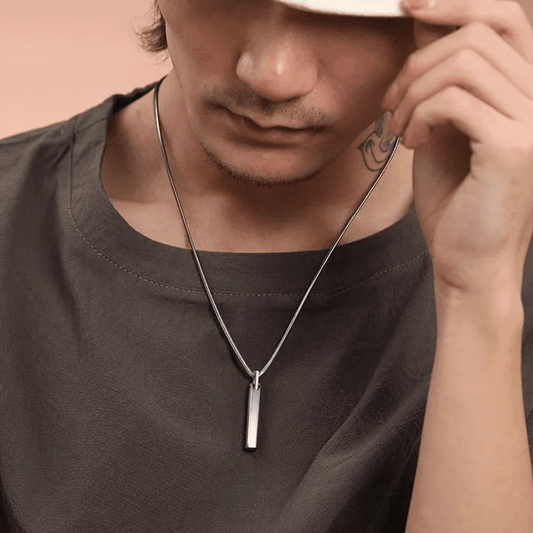THE MEN THING SS Pendant/ Necklace SLEEK APEX - Pure Titanium Steel Silver Bar Pendant with 24inch Snake Chain for Men & Boys