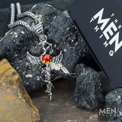 THE MEN THING SS Pendant/ Necklace SWORD OF ANGLE (RED STONE) -  Alloy Pendant with Pure Stainless Steel 24inch Round Box Chain, European trending Style for Men & Boys