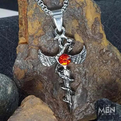 THE MEN THING SS Pendant/ Necklace SWORD OF ANGLE (RED STONE) -  Alloy Pendant with Pure Stainless Steel 24inch Round Box Chain, European trending Style for Men & Boys