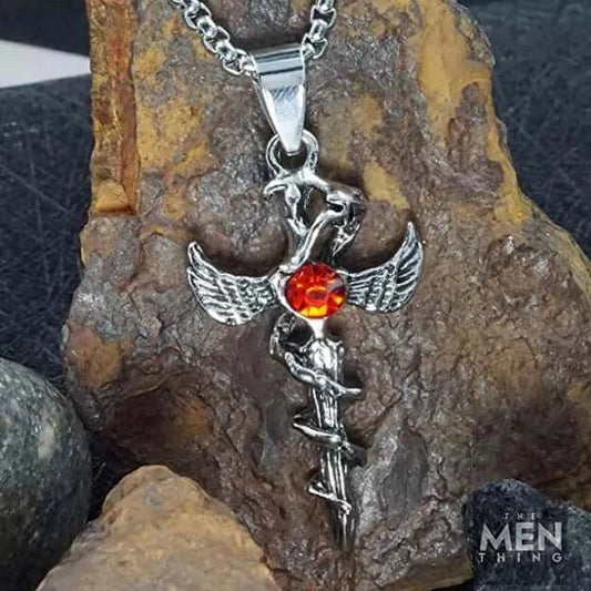 THE MEN THING SS Pendant/ Necklace SWORD OF ANGLE (RED STONE) -  Alloy Pendant with Pure Stainless Steel 24inch Round Box Chain, European trending Style for Men & Boys