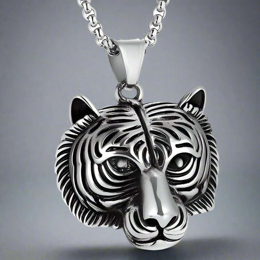 THE MEN THING SS Pendant/ Necklace TIGER HEAD -  Alloy Pendant with Pure Stainless Steel  24inch Round Box Chain, American trending Style for Men & Boy
