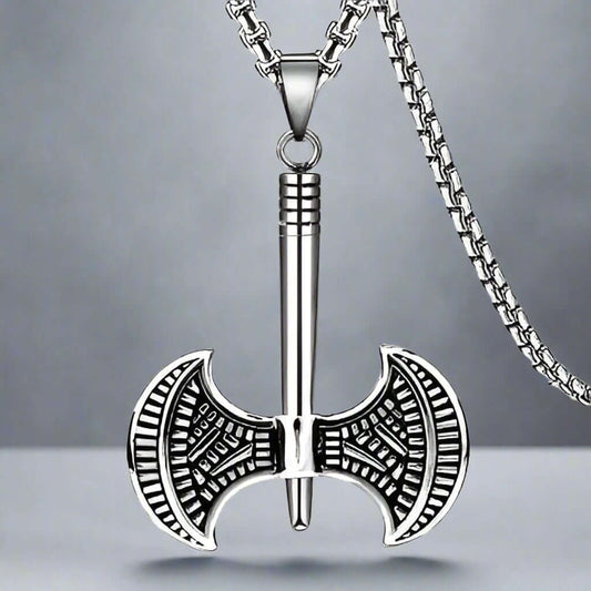 THE MEN THING SS Pendant/ Necklace TWIN SHARP AXE -  Alloy Pendant with Stainless Steel 24inch Round Box Chain, American trending Style for Men & Boy