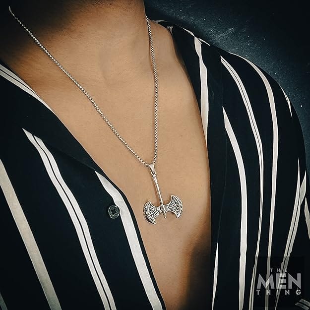 THE MEN THING SS Pendant/ Necklace TWIN SHARP AXE -  Alloy Pendant with Stainless Steel 24inch Round Box Chain, American trending Style for Men & Boy