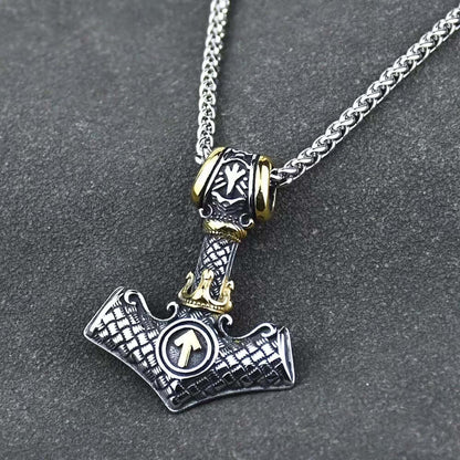 THE MEN THING SS Pendant/ Necklace VIKING NORSE MJOLNIR GOLD  - Pure Titanium Steel Necklace with 24 inch Chain for Men & Boys